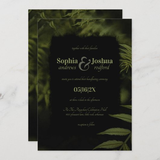 Invitation Gothique Vert foncé Feuille Mariage noir à la main (Devant / Derrière)