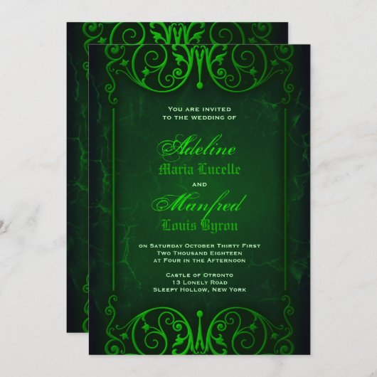 Invitation Gothique Victorien Ghoulish Mariage vert (Devant / Derrière)