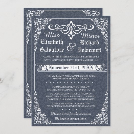 Invitation gothique victorienne de Mariage damassé (Devant / Derrière)