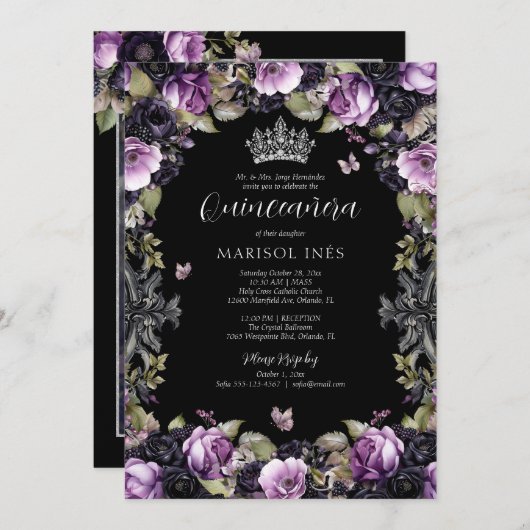 Invitation Gothique violet et noir Moody Florals Quinceañera (Devant / Derrière)