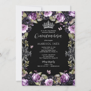 Invitation Gothique violet et noir Moody Florals Quinceañera