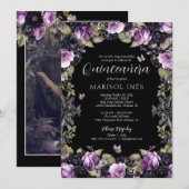 Invitation Gothique violet et noir Moody Florals Quinceañera (Devant / Derrière)
