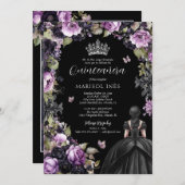 Invitation Gothique violet et noir Moody Florals Quinceañera (Devant / Derrière)