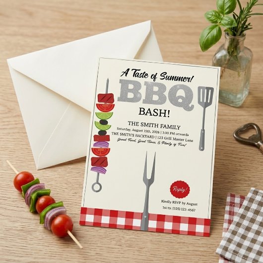 Invitation Goût de l'été BBQ Bash Carreaux Gingham Rouge
