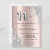 Invitation Gouttes d'Argent Froid Rose Or 11e Anniversaire (Devant)
