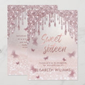 Invitation gouttes de glitterie or rose ombre papillon invita (Devant / Derrière)