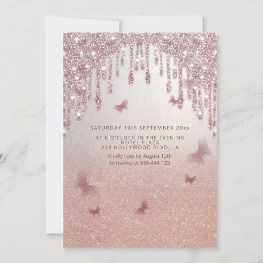 Invitation gouttes de glitterie or rose ombre papillon invita (Dos)