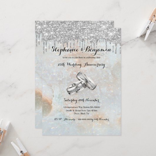Invitation Gouttes de paillettes argentées 25e anniversaire d (Devant/Arrière en situation)