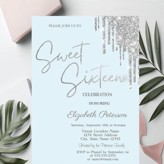 Invitation Gouttes de paillettes argentées Bleu clair Simple