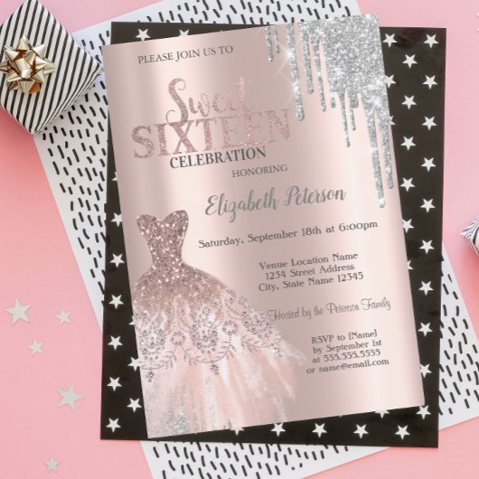 Invitation Gouttes de paillettes argentées cool, robe rose do