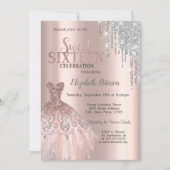 Invitation Gouttes de paillettes argentées cool, robe rose do (Devant)