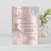 Invitation Gouttes de paillettes argentées cool, robe rose do (Debout devant)