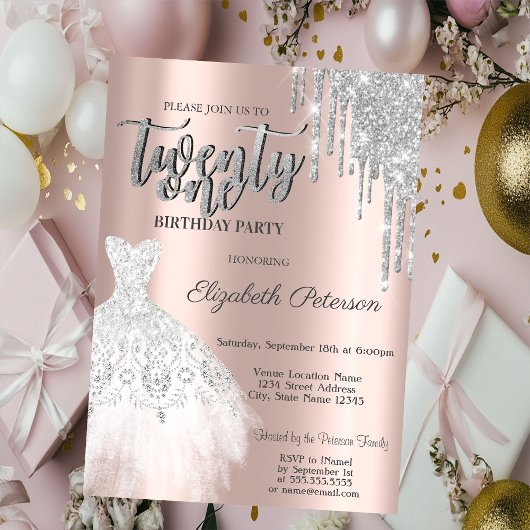 Invitation Gouttes de paillettes argentées, robe blanche 21e