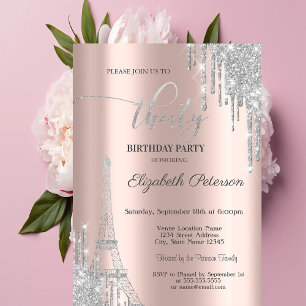 Invitation Gouttes de paillettes argentées, Tour Eiffel 30e a