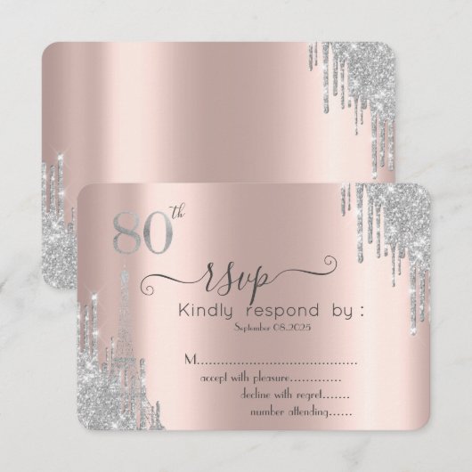 Invitation Gouttes de paillettes argentées, Tour Eiffel 80e R (Devant / Derrière)