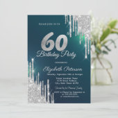Invitation Gouttes de paillettes argentées Vert 60e Anniversa (Debout devant)