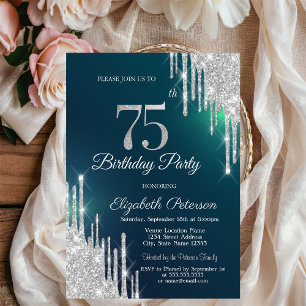 Invitation Gouttes de paillettes argentées Vert 75e Anniversa