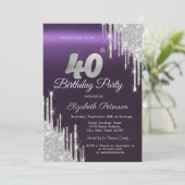 Invitation Gouttes de paillettes argentées Violet foncé 40e a (Debout devant)