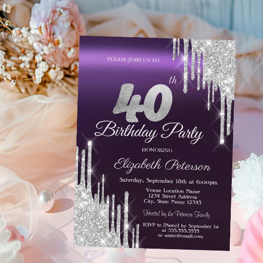 Invitation Gouttes de paillettes argentées Violet foncé 40e a