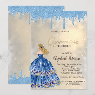 Invitation Gouttes de paillettes bleu clair, Fille en robe do