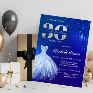Invitation Gouttes de paillettes bleu marine, Robe Bleue 30e
