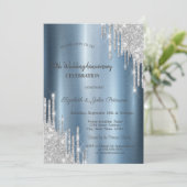 Invitation Gouttes de paillettes Bleu métallisé Mariage Anniv (Debout devant)