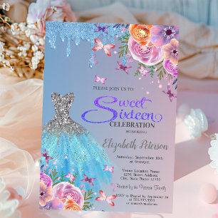 Invitation Gouttes de paillettes bleues, Fleurs de robe bleue