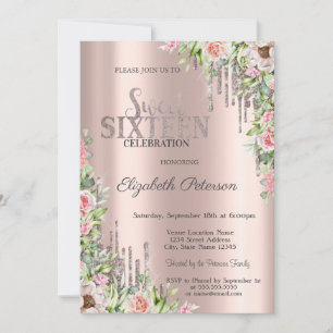 Invitation Gouttes de paillettes cool Roses en or rose Douce