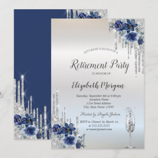 Invitation Gouttes de paillettes d'argent Fleurs bleues Retra
