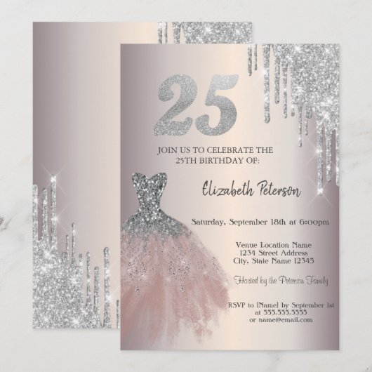Invitation Gouttes de paillettes d'argent, robe chic 25e anni (Devant / Derrière)