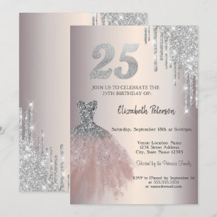 Invitation Gouttes de paillettes d'argent, robe chic 25e anni