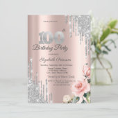 Invitation Gouttes de paillettes d'argent Roses Or rose 100e (Debout devant)