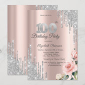 Invitation Gouttes de paillettes d'argent Roses Or rose 100e (Devant / Derrière)