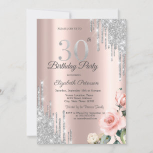 Invitation Gouttes de paillettes d'argent Roses Or rose 30ème