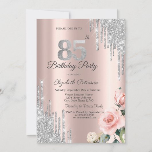 Invitation Gouttes de paillettes d'argent Roses Or rose 85e (Devant)