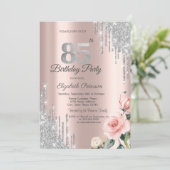 Invitation Gouttes de paillettes d'argent Roses Or rose 85e (Debout devant)