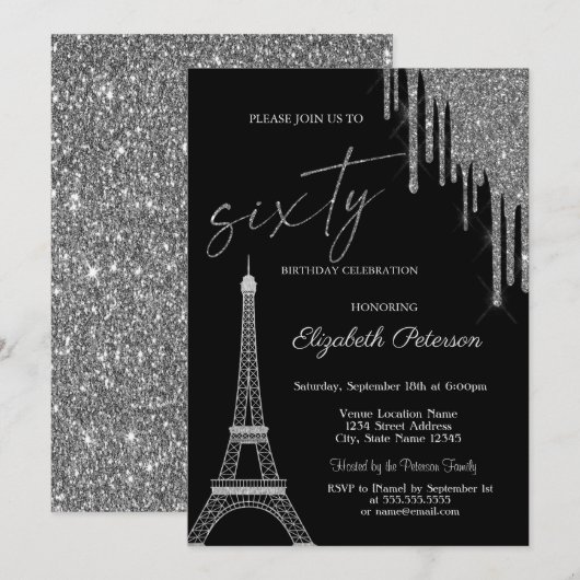 Invitation Gouttes de paillettes d'argent, Tour Eiffel 60e an (Devant / Derrière)