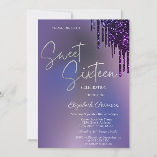 Invitation Gouttes de paillettes de violet foncé Sweet 16 vio (Devant)