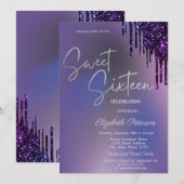 Invitation Gouttes de paillettes de violet foncé Sweet 16 vio (Devant / Derrière)