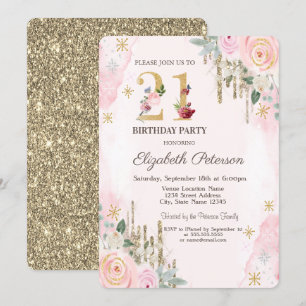 Invitation Gouttes de paillettes dorées Fleur Rose 21e Anniv