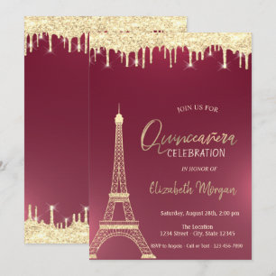 Invitation Gouttes de paillettes dorées Tour Eiffel Quinceane