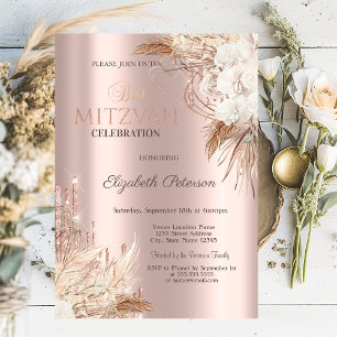 Invitation Gouttes de paillettes Fleurs Boho Rose Or Bat Mitz