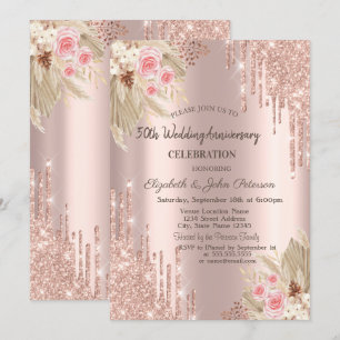 Invitation Gouttes de paillettes, Fleurs Rose Gold Mariage An
