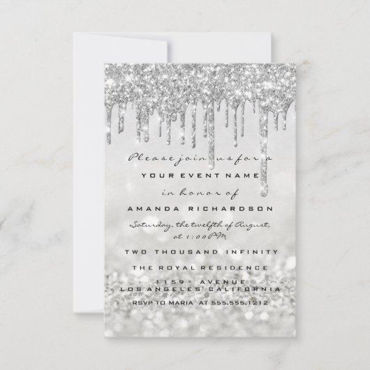 Invitation Gouttes de paillettes gris argenté pour un mariage (Devant)