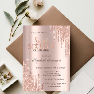 Invitation Gouttes de paillettes modernes Rose Gold Sweet 16