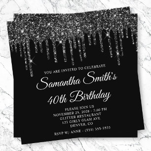 Invitation Gouttes de paillettes noires 40e anniversaire