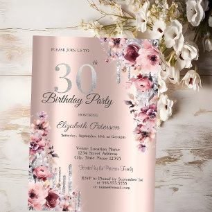 Invitation Gouttes de paillettes Rose Gold Floral 30e Anniver