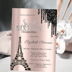 Invitation Gouttes de paillettes, Tour Eiffel noire Sweet 16