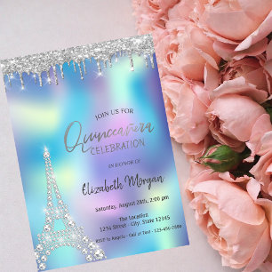 Invitation Gouttes de paillettes Tour Eiffel Quinceanera holo