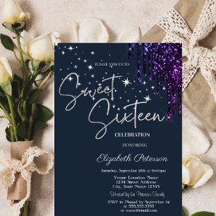 Invitation Gouttes de paillettes violettes foncées, étoiles B